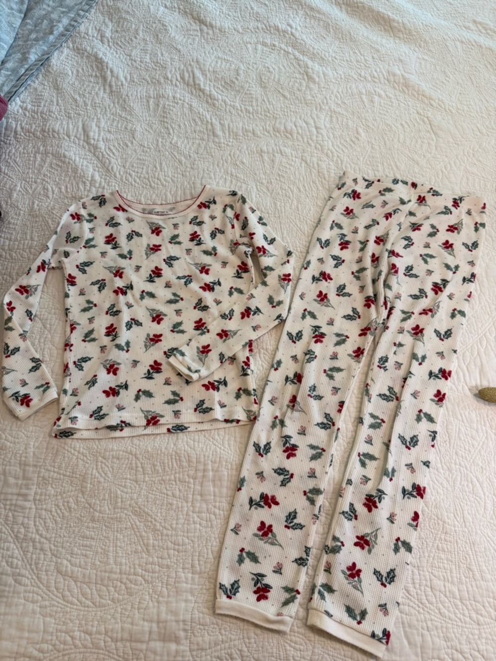 Carter's Cream Waffle-Knit Pajama Set with Red Trim and Floral Accents